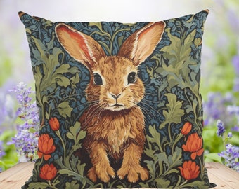 Coussin avec motif lapin, inspiré de William Morris, 46 x 46 cm, cadeau pour les amateurs de lapins, coussin décoratif Forestcore, motif floral, coussin de canapé