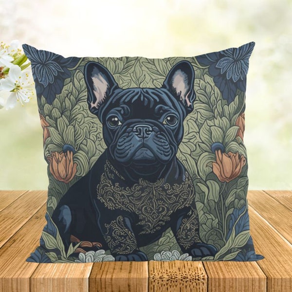 Coussin motif Frenchie, inspiration William Morris, 46 x 46 cm, cadeau Frenchie Mum, cadeau Frenchie Dad, décoration Frenchie, coussin décoratif