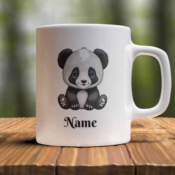 Cup with desired text, baby panda motif, black and white, 330ml, name cup, name day, children's cup, school cup, work cup, office cup