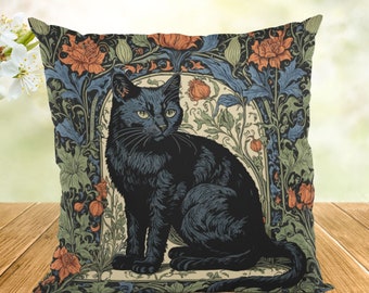 Cushion with cat motif, William Morris inspired, 46 x 46 cm, decorative cushion, gift for cat lovers, decorative window seat, living room cushion