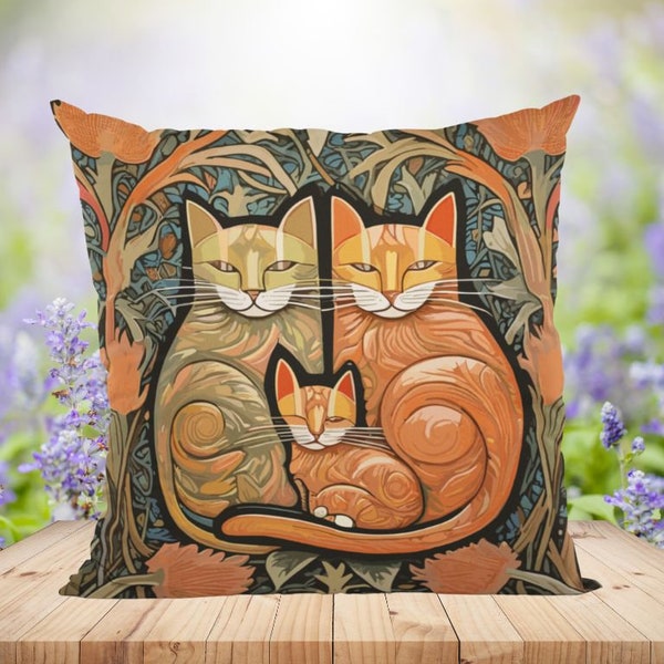 Kussen met kattenfamiliemotief, William Morris geïnspireerd, 46 x 46 cm, cadeau kattenliefhebbers, decoratief kussen, woonkamerdecoratie, zitplaats bij het raam