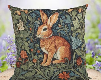 Coussin avec motif lapin, William Morris, 46 x 46 cm, cadeau pour les amateurs de lapin, coussin décoratif lapin, coussin de chaise, décoration boho forestcore, coussin de canapé