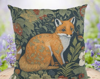 Cushion with fox motif, William Morris inspired, 46 x 46 cm, gift fox lover, fox decorative cushion, sofa cushion, window seat decoration