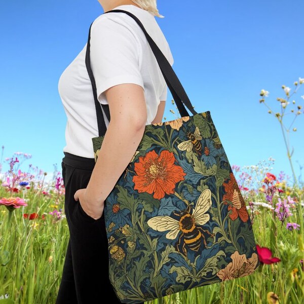 Tragetasche, William Morris inspiriert, Bienen Blumen Motiv - Einzigartige Tasche für unterwegs, Geschenkidee Tasche, Umhängetasche