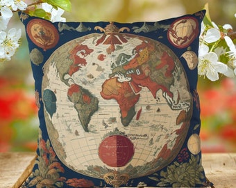 Pillow with world map motif, William Morris inspired, 46 x 46 cm, gift pillow lover, decorative pillow, living room decoration, housewarming gift