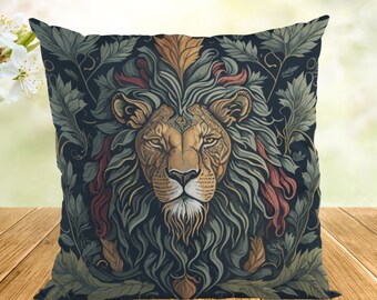 Cushion with lion motif, William Morris inspired, 46 x 46 cm, gift lion lover, lion decorative cushion, couch cushion, chair cushion, forestcore