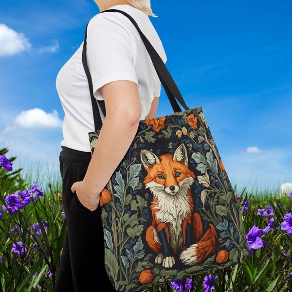 William Morris-inspirierte Tragetasche mit Baby Fuchs-Design | Forestcore Tasche | Geschenk für Fuchsliebhaber | Doppelseitiger  Druck