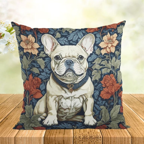 Coussin avec motif French Bulldog, inspiré de William Morris, 46 x 46 cm, coussin décoratif, coussin de canapé, cadeau pour les amateurs de Frenchie