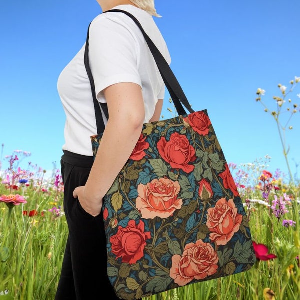 Tragetasche im Stil von William Morris mit Rosen Motiv - Einzigartige Tasche für unterwegs - Geschenkidee Rosenliebhaber - Einkaufstasche