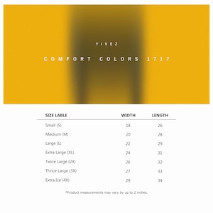Unisex size chart for comfort colors 1717 tshirt in measured inches
