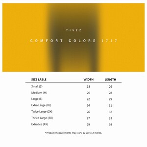 Unisex size chart for comfort colors 1717 tshirt in measured inches