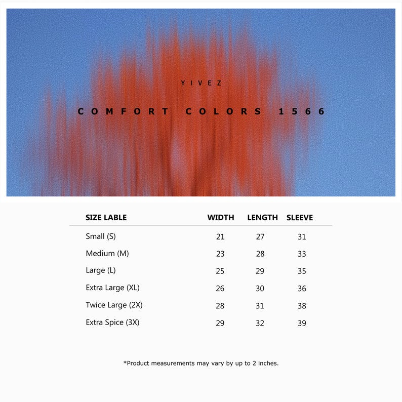 comfort colors 1566 unisex size chart measured in inches