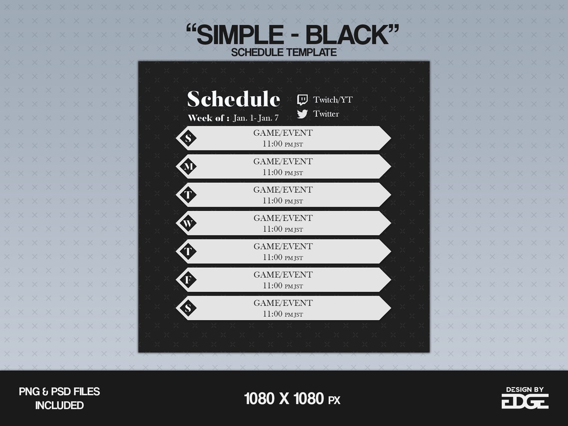Twitch Stream Schedule Template Simple BLACK Etsy