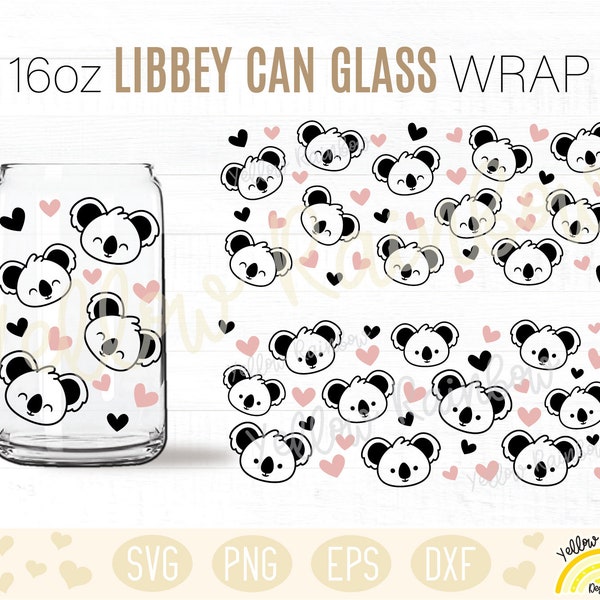 Koala Can glass wrap SVG 16oz, Glass Can Svg, Cute Koala Bear Can Wrap Svg, Baby Koala with Hearts Svg Wrap, Glass Wrap Svg