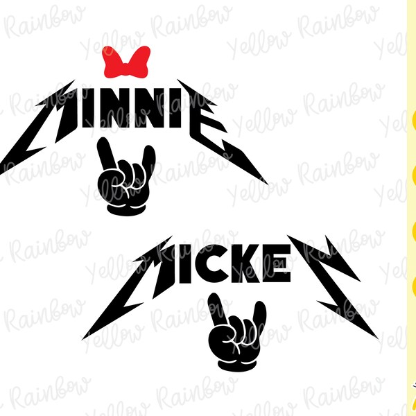 Rock and Roll Mickey und Minnie Mouse SVG, Heavy Metal SVG, D World Resort, Schneidedateien in Svg, Eps, Dxf und Png, Silhouette Vinyl zum Aufbügeln