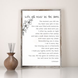 Life Will Never Be the Same Grief Quote, Poem, Typography, Printable Art, Words of Sympathy, Bereavement Messages, Comfort, Digital Download image 1