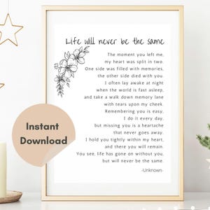 Life Will Never Be the Same Grief Quote, Poem, Typography, Printable Art, Words of Sympathy, Bereavement Messages, Comfort, Digital Download