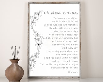 Life Will Never Be the Same Grief Quote, Poem, Typography, Printable Art, Words of Sympathy, Bereavement Messages, Comfort, Digital Download