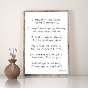 I Thought of You Today Grief Quote, Poem, Printable Wall Art, Digital Download, Words of Sympathy, Bereavement Messages, Comfort, Typography