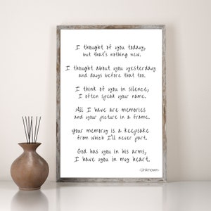 Ich dachte an dich Trauer Zitat, Gedicht, druckbare Wandkunst, digitaler Download, Worte des Beileids, Trauernachrichten, Trost, Typografie