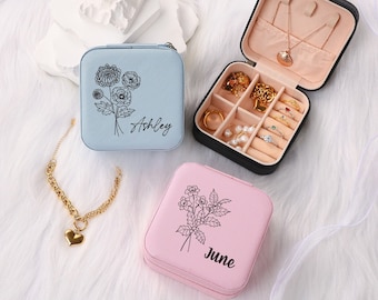 Bitrh Flower Jewelry Box, Engraved Travel Jewelry Case, Leather Jewelry Organizer, Bridesmaid Gift, Valentine's Day gift, Bridal Party Gift