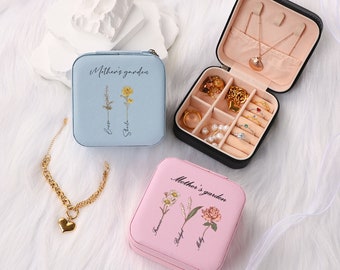 Custom Engraved Leather Jewelry Case, Travel Jewelry Organizer, Bridesmaid Gift, Jewelry Storage Box, Mother's Day Gift With Kids Name