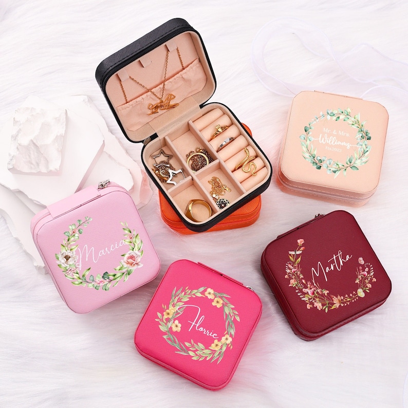 Color Floral Jewelry Box, Engraved Travel Leather Jewelry Case, Personalized Bridesmaid Proposal Gift, Leather Jewelry Organizer, Ideal Gift zdjęcie 2