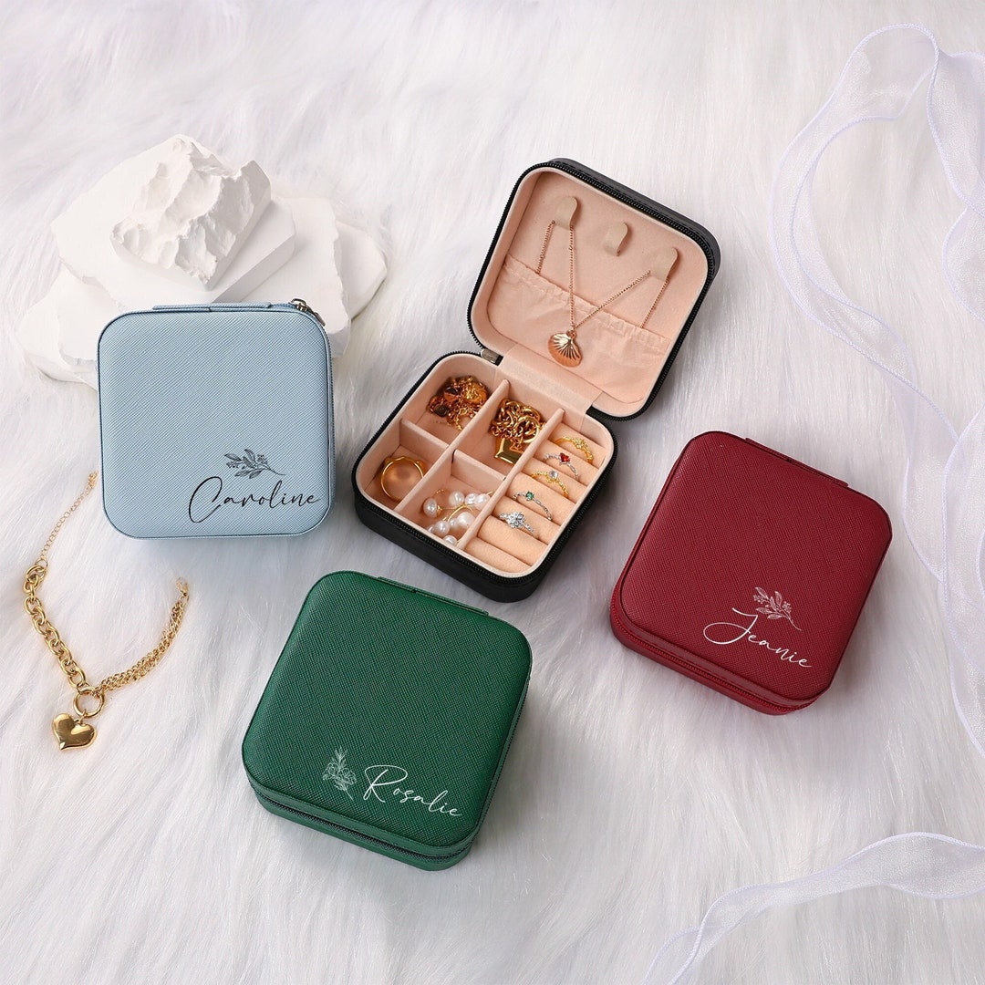 Engraved Travel Leather Jewelry Case, Bitrh Flower Jewelry Box