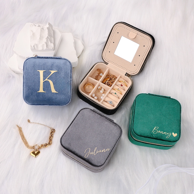 Custom Velvet Jewelry Box, Personalized Name Velvet Travel Jewelry Case, Bridesmaid Gifts with Permanent Name, Wedding Gift, Birthday Gift image 5