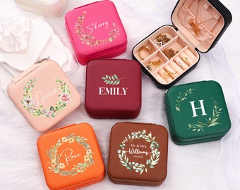 Color Floral Jewelry Box, Engraved Travel Leather Jewelry Case, Personalized Bridesmaid Proposal Gift, Leather Jewelry Organizer, Ideal Gift