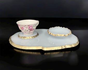 Juego de bandeja y posavasos de resina blanca con detalles dorados, decoración de tocador hecha a mano