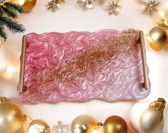 Valentine Day Gift, Ombré Pink & White Resin Tray, Pink Serving Tray, Glam Make Up Tray, Perfume Tray, Vanity Tray, Handmade, Tray w/Handles