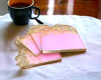 Pink Agate Resin Coasters, Gold Flake Decor, Geode Coaster Set