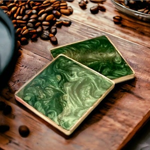 Green Resin Coasters, Coffee Coasters, Drink Coasters, Luxury Green Resin Coasters wi/Gold Trim, Handmade Gift, Housewarming Gift