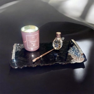 Black and Silver Resin Tray with Faux Diamond Handles, Glam Decorative Epoxy Tray, Elegant Vanity Tray, Handmade Geode Tray, Gift for Her