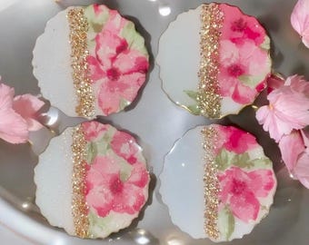 Resin Decoupaged Floral Cottage Core Coasters, Handmade Gift, Floral Coasters, Pink and White Coasters, Holiday Gift, Hostess Gift