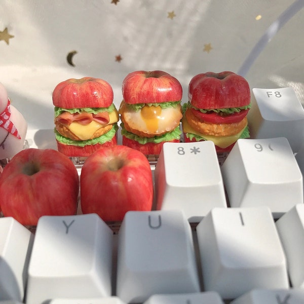 Burger aux pommes kawaii, hamburger aux tomates, capuchon de touche MX artisan inspiré mignon peint à la main pour clavier mécanique