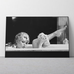 Brigitte Bardot In The Tub Poster, Bathroom Wall Decor, Brigitte Bardot Print, Black And White,Movie Wall Art, Bathroom Print, Vintage Decor