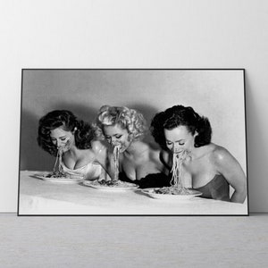 spaghetti print, black and white, vintage print, pasta poster, spaghetti print, kitchen wall art, pasta ladies print, pasta girls print