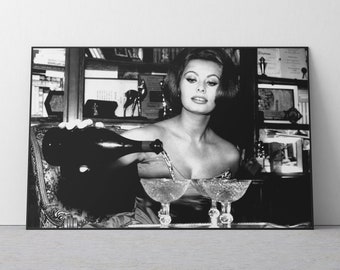 Sophia Loren Drinking Martini Poster, Black and White, Vintage Photo, Woman Drinking Wine, Old Hollywood Decor, Sophia Loren Print, Wall Art