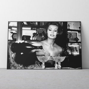 Sophia Loren Drinking Martini Poster, Black and White, Vintage Photo, Woman Drinking Wine, Old Hollywood Decor, Sophia Loren Print, Wall Art image 1