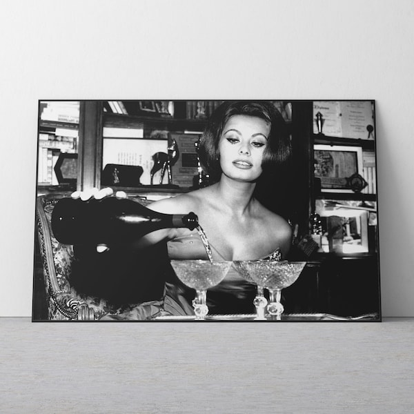 Sophia Loren Drinking Martini Poster, Black and White, Vintage Photo, Woman Drinking Wine, Old Hollywood Decor, Sophia Loren Print, Wall Art