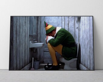 Póster de película de elfos, impresión divertida de baño, Buddy el elfo, arte navideño divertido, decoración de baños, baño de granja, decoración navideña, arte mural
