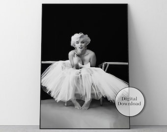 Vintage Marilyn Monroe Ballerina Poster - Black  White Print of Old Hollywood Icon in White Dress