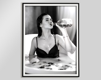 Woman Drinking Wine in Bathtub, Black and White Art Print (Digital Download)