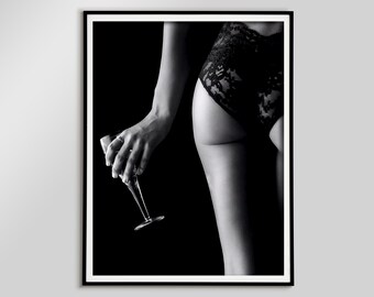 Erotic Woman Holding Red Wine Poster, Black and White, Bar Cart Print, Digital Download, Sexy Woman Wall Art, She Shed Decor, Wine Art Print