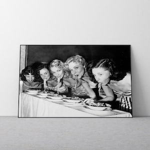 Women Eating Pasta Print, Black and White, Vintage Print, Kitchen Wall Art, Dining Room Decor, Spaghetti Poster, Antique Photo, Wall Art