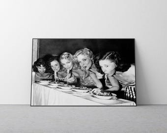 Women Eating Pasta Print, Black and White, Vintage Print, Kitchen Wall Art, Dining Room Decor, Spaghetti Poster, Antique Photo, Wall Art