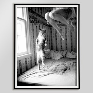 Woman and Cat Jumping on the Bed Print, Black and White, Vintage Photo, Funny Poster, Cat Art Print, Girls Bedroom Decor, Printable Wall Art