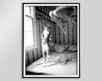 Woman and Cat Jumping on Bed, Vintage Black and White Photo (Printable Wall Art)